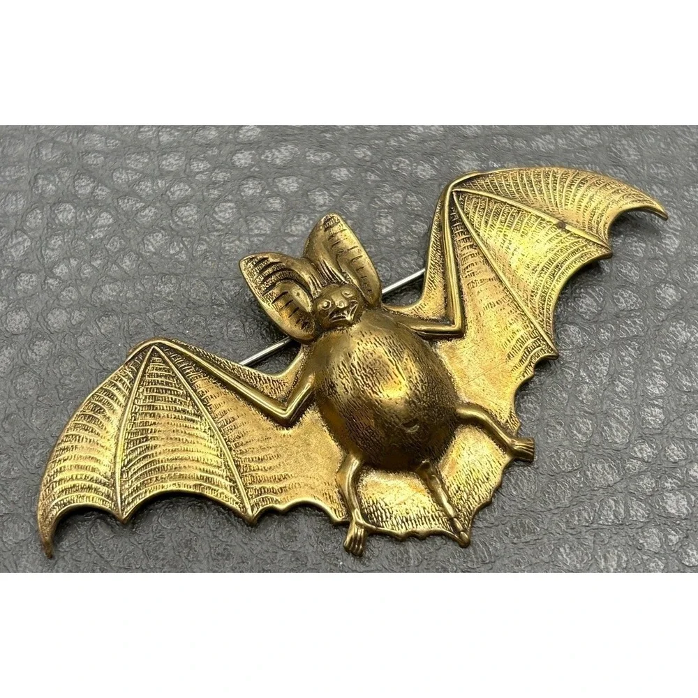 Vintage Victorian Revival Bat Brooch Pin Gothic Detailed Antiqued Gold Tone